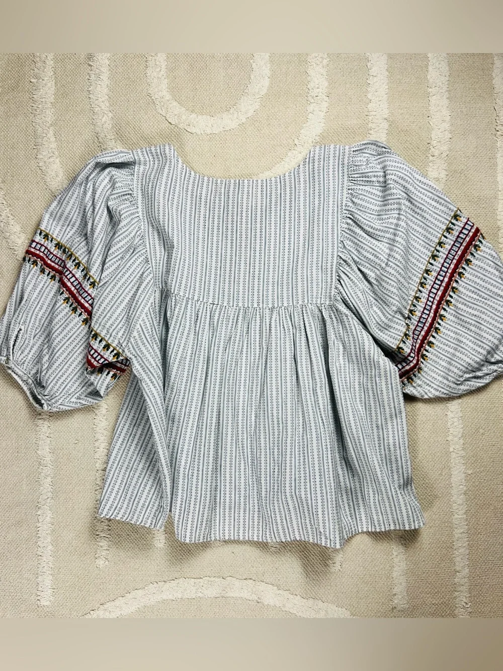Zara TRF Embroidered Striped Peasant Blouse – Boho Blue & White – XL